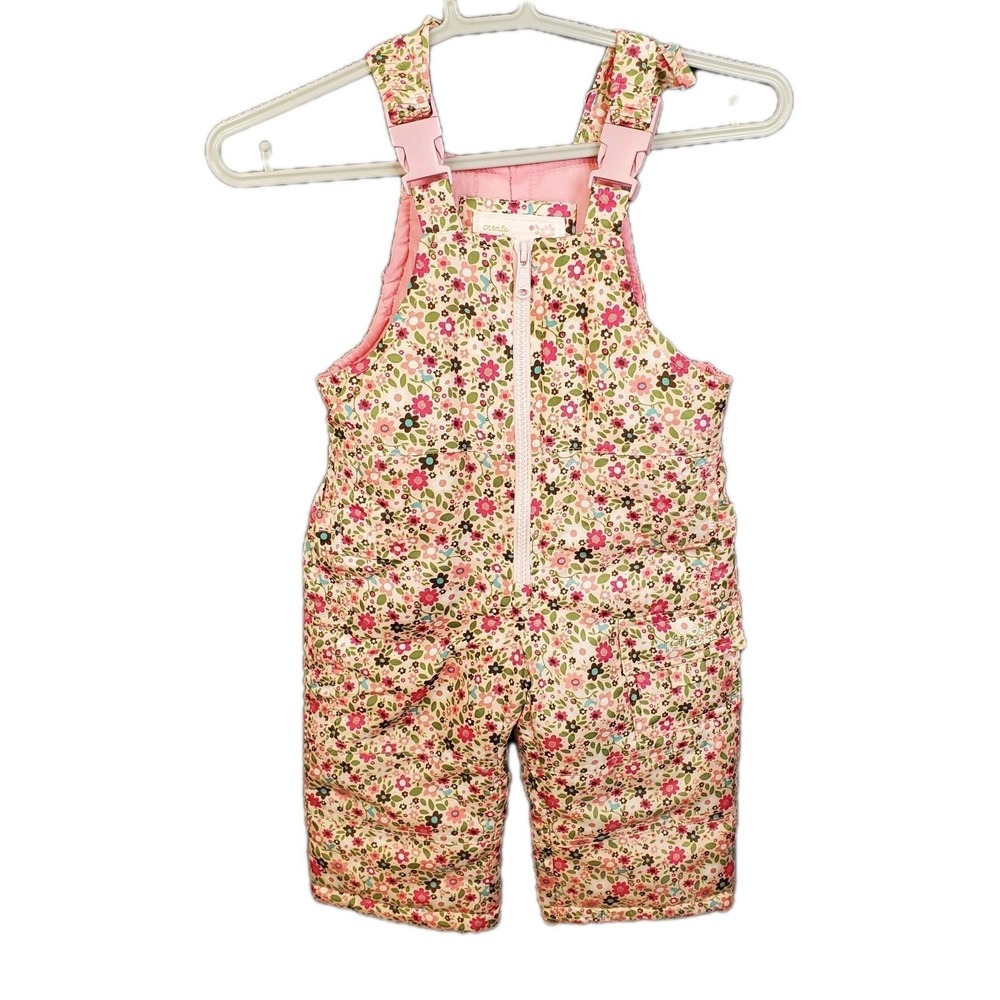 OshKosh‎ B'Gosh Bib Overall Snow Pants Pink Flowers Mini All-Over Floral Sz 12M